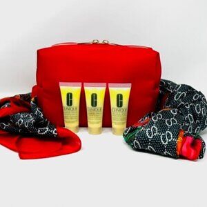 5 pc set- Clinique dramatically different moisturizer, scarf and cosmetic bag